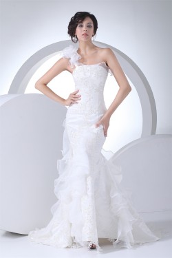 Mermaid/Trumpet Sleeveless One-Shoulder Beaded Lace Wedding Dresses 2030161