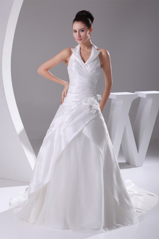 Halter Sleeveless A-Line Satin Taffeta Fine Netting Most Beautiful Wedding Dresses 2030170
