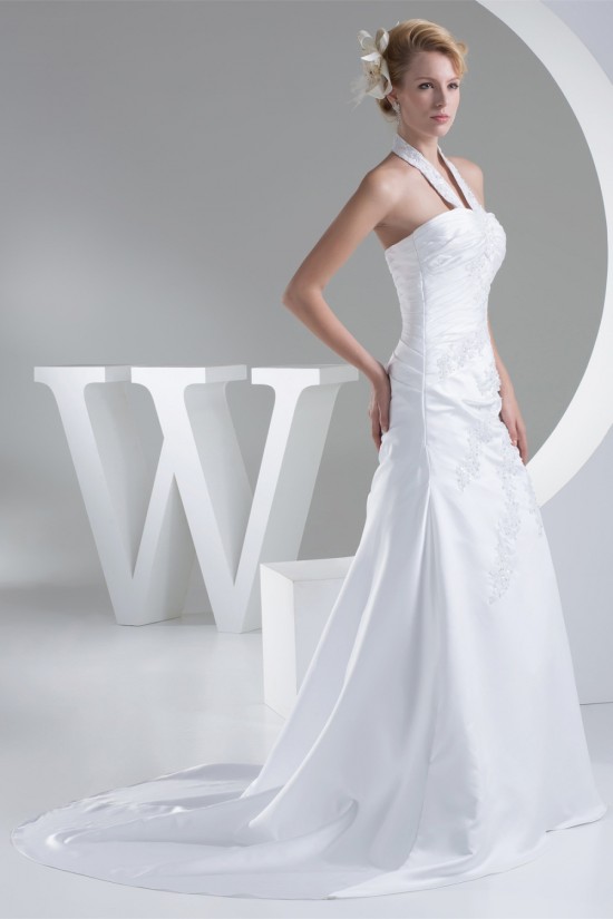 A-Line Halter Sleeveless Satin Lace Sweet Wedding Dresses 2030171