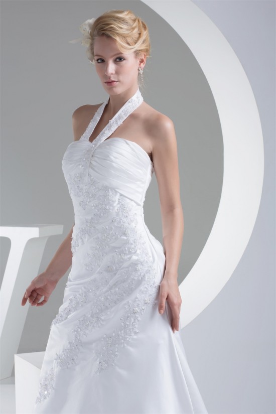 A-Line Halter Sleeveless Satin Lace Sweet Wedding Dresses 2030171