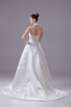 A-Line High-Neck Satin Lace Wedding Dresses 2030175