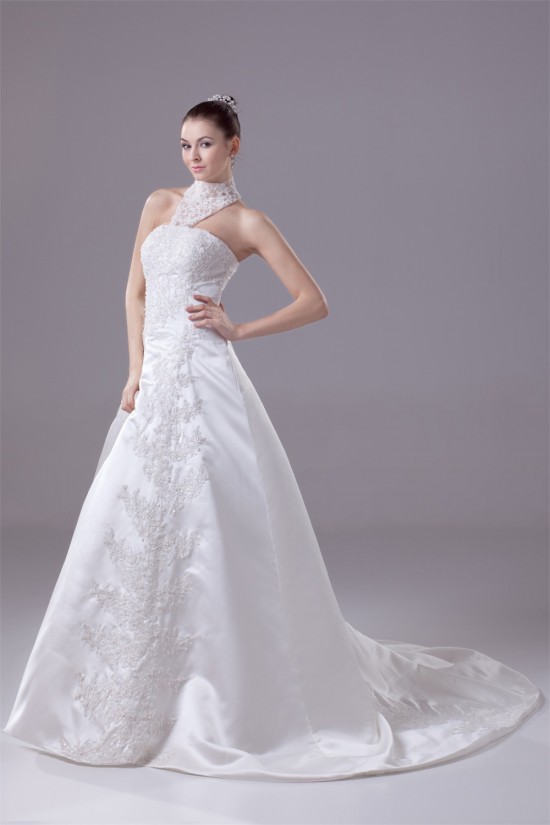 A-Line High-Neck Satin Lace Wedding Dresses 2030175 A-Line High-Neck Satin Lace Wedding Dresses 2030175