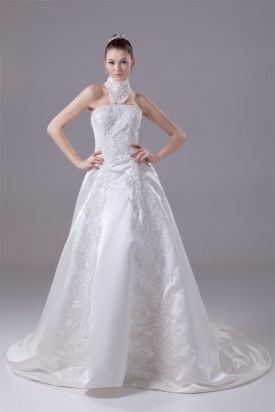 A-Line High-Neck Satin Lace Wedding Dresses 2030175 A-Line High-Neck Satin Lace Wedding Dresses 2030175