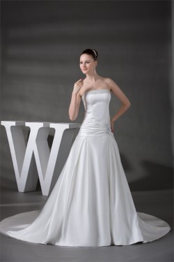 A-Line Sleeveless Strapless Satin Beaded Wedding Dresses 2030178