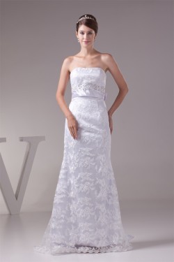 Lace Silk like Satin Sheath/Column Sleeveless Wedding Dresses 2030186