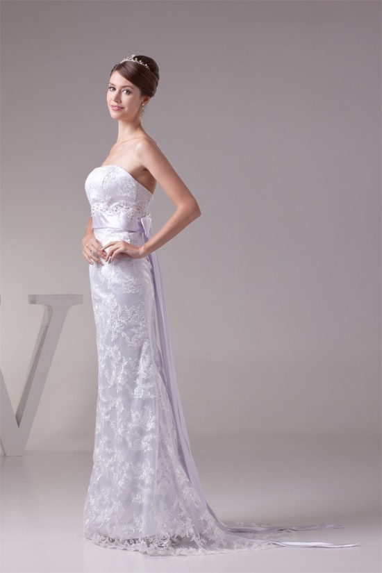 Lace Silk like Satin Sheath/Column Sleeveless Wedding Dresses 2030186