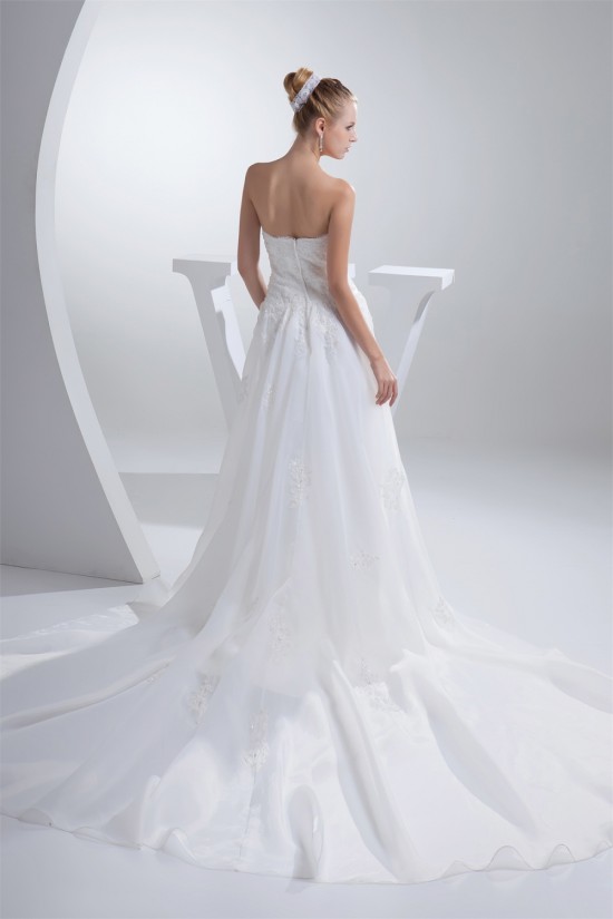 A-Line Strapless Chapel Train Lace Wedding Dresses 2030192