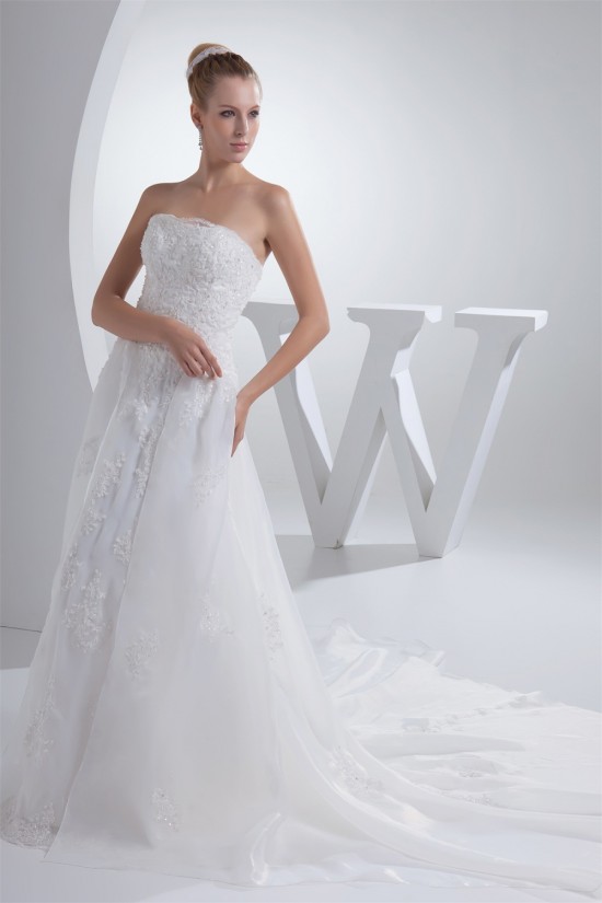 A-Line Strapless Chapel Train Lace Wedding Dresses 2030192