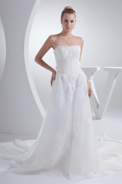 A-Line Strapless Chapel Train Lace Wedding Dresses 2030192