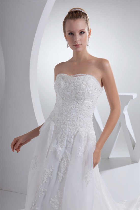 A-Line Strapless Chapel Train Lace Wedding Dresses 2030192