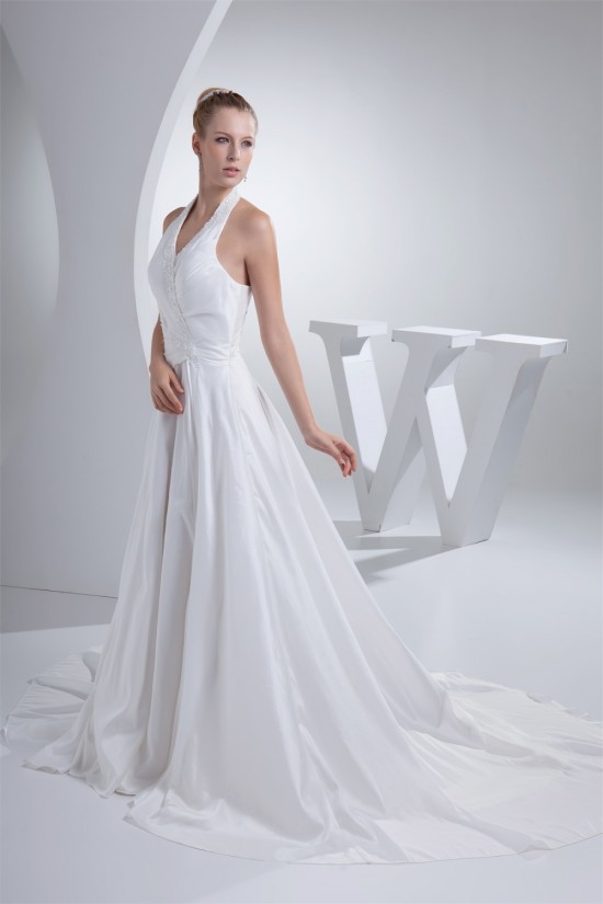 A-Line Taffeta Beaded Halter Wedding Dresses 2030193