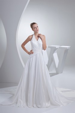 A-Line Taffeta Beaded Halter Wedding Dresses 2030193