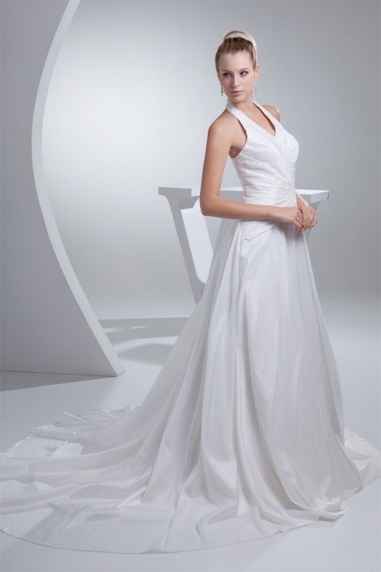 A-Line Taffeta Beaded Halter Wedding Dresses 2030193