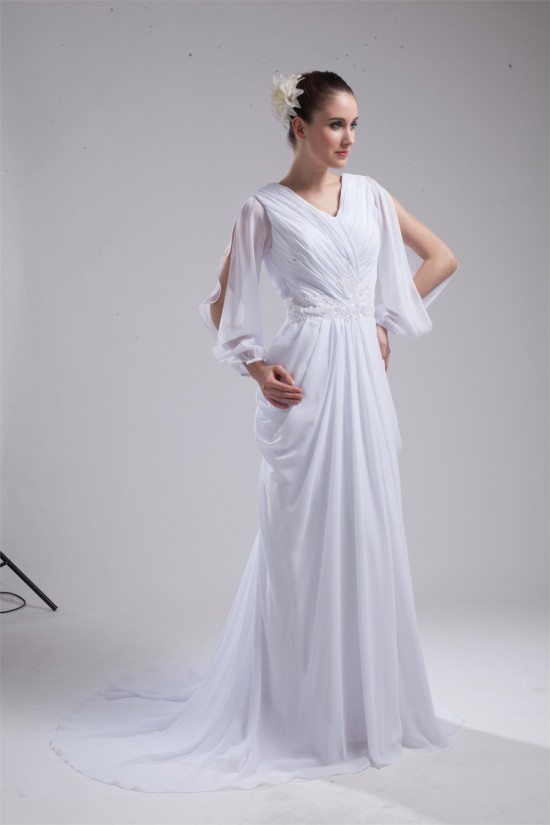 Sheath/Column Long Sleeve Chiffon V-Neck Wedding Dresses 2030199 Sheath/Column Long Sleeve Chiffon V-Neck Wedding Dresses 2030199