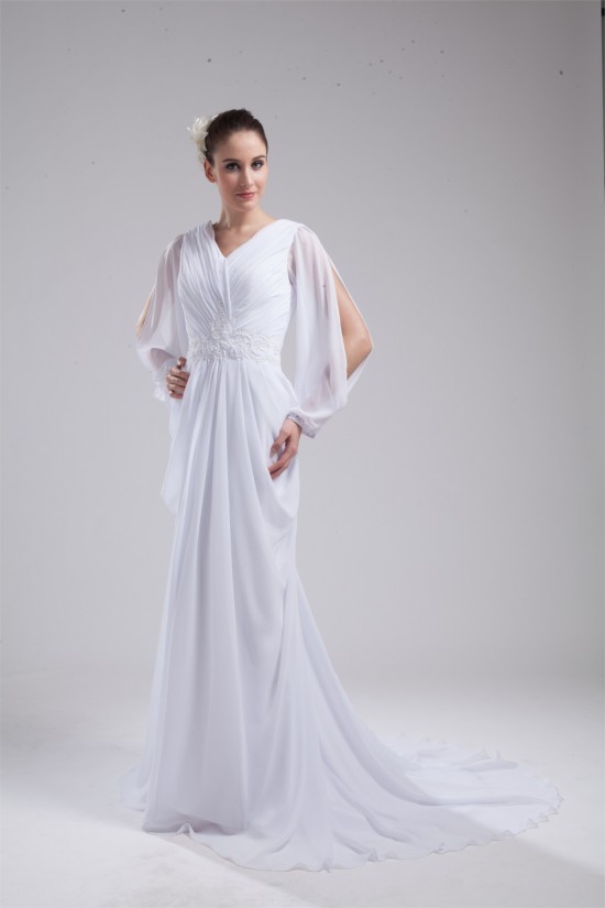 Sheath/Column Long Sleeve Chiffon V-Neck Wedding Dresses 2030199 Sheath/Column Long Sleeve Chiffon V-Neck Wedding Dresses 2030199