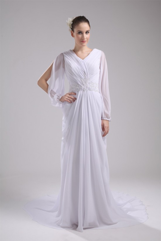 Sheath/Column Long Sleeve Chiffon V-Neck Wedding Dresses 2030199 Sheath/Column Long Sleeve Chiffon V-Neck Wedding Dresses 2030199