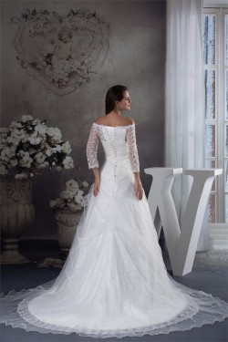 A-Line Long Sleeve Square Satin Lace Fine Netting Wedding Dresses 2030201