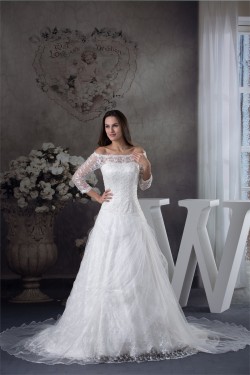A-Line Long Sleeve Square Satin Lace Fine Netting Wedding Dresses 2030201