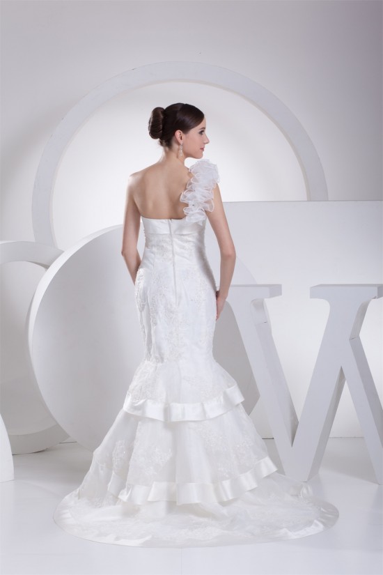 Mermaid/Trumpet Satin Organza One-Shoulder Lace Wedding Dresses 2030205