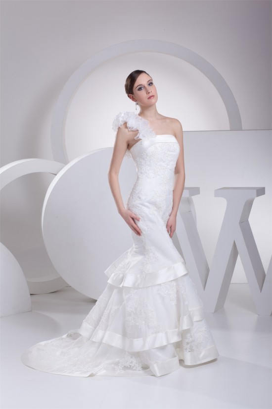 Mermaid/Trumpet Satin Organza One-Shoulder Lace Wedding Dresses 2030205