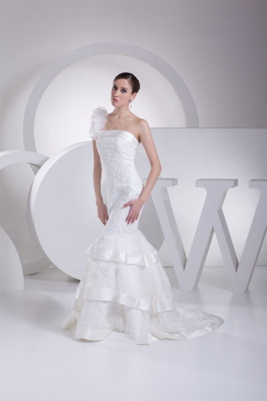 Mermaid/Trumpet Satin Organza One-Shoulder Lace Wedding Dresses 2030205