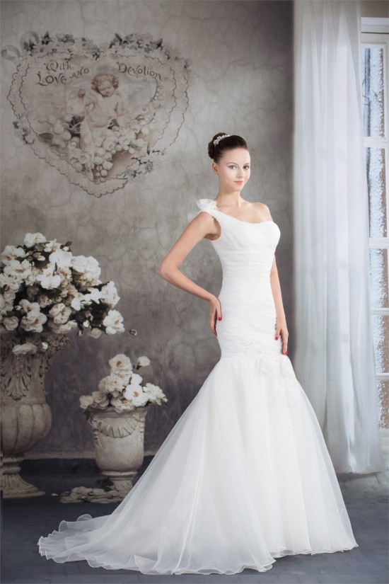 Mermaid/Trumpet Sleeveless Satin Organza One-Shoulder Wedding Dresses 2030208