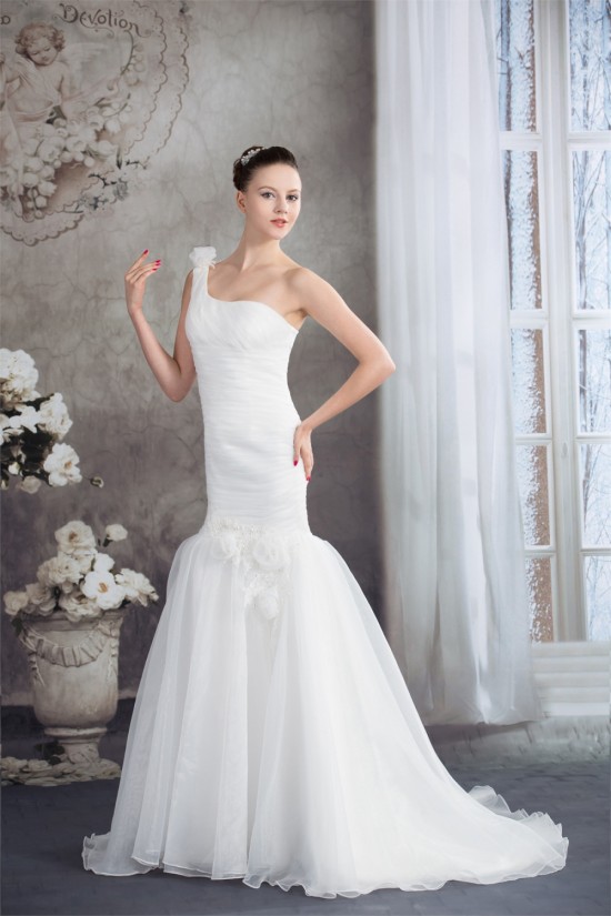 Mermaid/Trumpet Sleeveless Satin Organza One-Shoulder Wedding Dresses 2030208