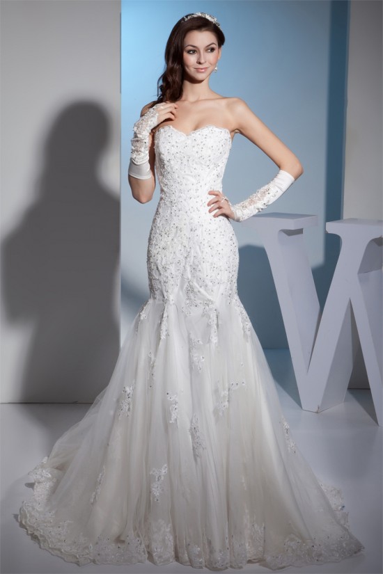 Mermaid/Trumpet Sweetheart Sleeveless Satin Lace Wedding Dresses 2030217 Mermaid/Trumpet Sweetheart Sleeveless Satin Lace Wedding Dresses 2030217
