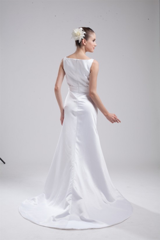 New Design V-Neck Sleeveless Sheath/Column Satin Sweet Wedding Dresses 2030226