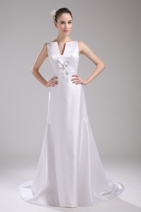 New Design V-Neck Sleeveless Sheath/Column Satin Sweet Wedding Dresses 2030226