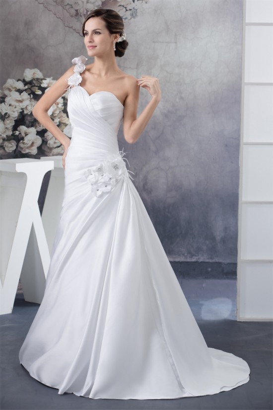 A-Line One-Shoulder Satin Sleeveless Sweetheart Wedding Dresses 2030227