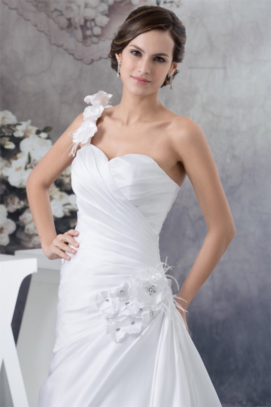 A-Line One-Shoulder Satin Sleeveless Sweetheart Wedding Dresses 2030227