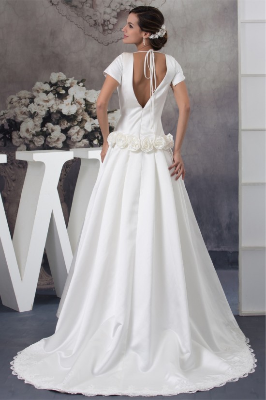 New Style Portrait A-Line Satin Short Sleeve Lace Wedding Dresses 2030231 New Style Portrait A-Line Satin Short Sleeve Lace Wedding Dresses 2030231