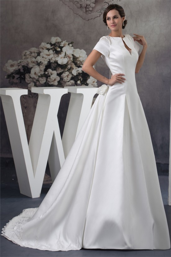 New Style Portrait A-Line Satin Short Sleeve Lace Wedding Dresses 2030231 New Style Portrait A-Line Satin Short Sleeve Lace Wedding Dresses 2030231