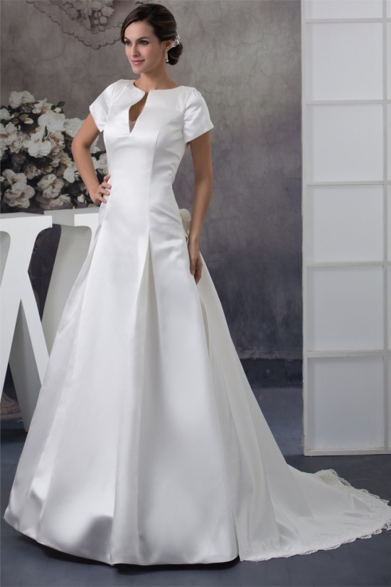 New Style Portrait A-Line Satin Short Sleeve Lace Wedding Dresses 2030231 New Style Portrait A-Line Satin Short Sleeve Lace Wedding Dresses 2030231
