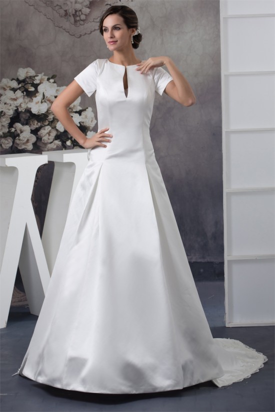 New Style Portrait A-Line Satin Short Sleeve Lace Wedding Dresses 2030231 New Style Portrait A-Line Satin Short Sleeve Lace Wedding Dresses 2030231