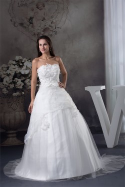 A-Line Satin Organza Scoop Sleeveless Lace Sweet Wedding Dresses 2030234