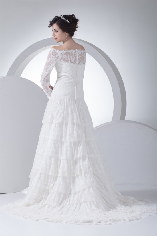 A-Line Satin Lace Fine Netting Off-the-Shoulder Wedding Dresses 2030236 A-Line Satin Lace Fine Netting Off-the-Shoulder Wedding Dresses 2030236