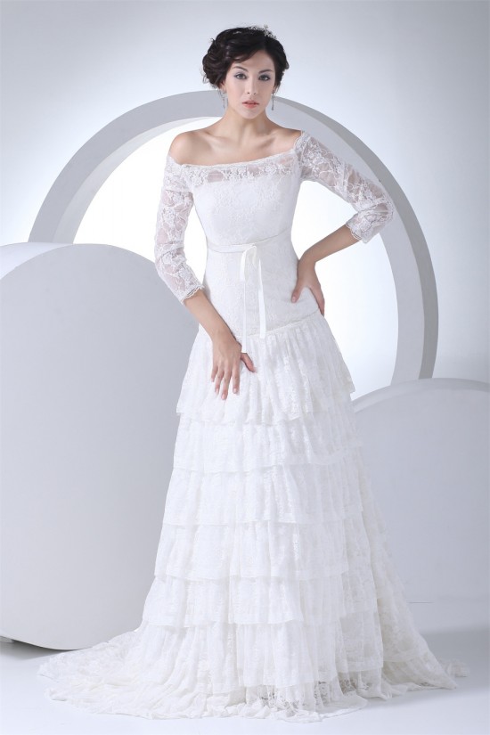 A-Line Satin Lace Fine Netting Off-the-Shoulder Wedding Dresses 2030236 A-Line Satin Lace Fine Netting Off-the-Shoulder Wedding Dresses 2030236