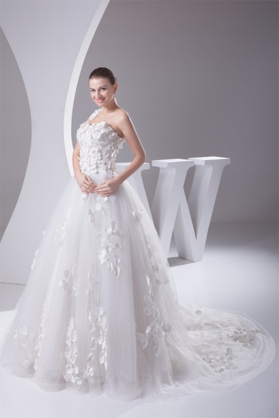 A-Line Sleeveless One-Shoulder Satin Fine Netting Wedding Dresses 2030239 A-Line Sleeveless One-Shoulder Satin Fine Netting Wedding Dresses 2030239