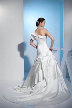 A-Line One-Shoulder Satin Lace Sleeveless Reception Wedding Dresses 2030240