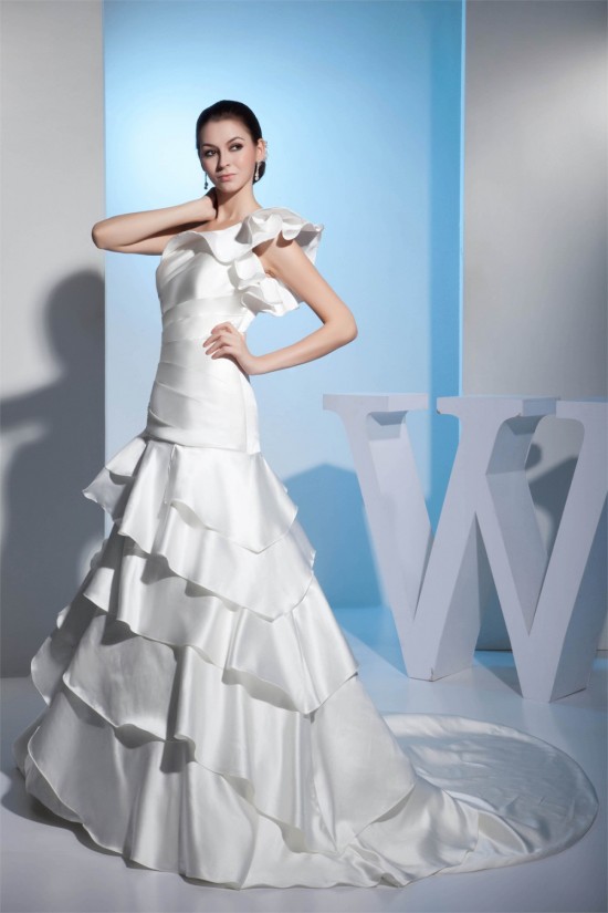 A-Line One-Shoulder Satin Lace Sleeveless Reception Wedding Dresses 2030240