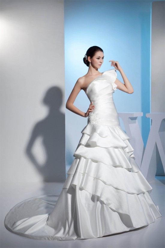 A-Line One-Shoulder Satin Lace Sleeveless Reception Wedding Dresses 2030240