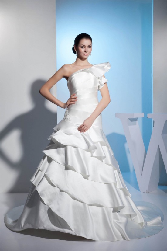 A-Line One-Shoulder Satin Lace Sleeveless Reception Wedding Dresses 2030240