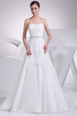 Satin Fine Netting Sleeveless A-Line Strapless New Arrival Lace Wedding Dresses 2030268