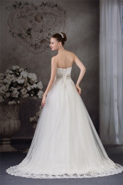 A-Line Strapless Satin Fine Netting Sleeveless Beaded Lace Wedding Dresses 2030269
