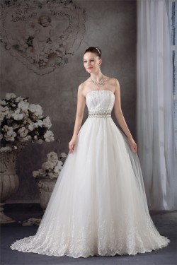 A-Line Strapless Satin Fine Netting Sleeveless Beaded Lace Wedding Dresses 2030269