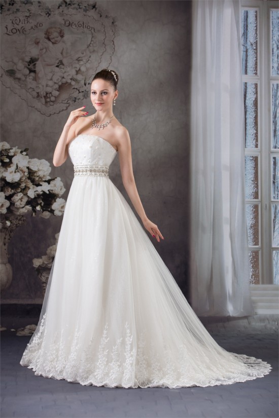 A-Line Strapless Satin Fine Netting Sleeveless Beaded Lace Wedding Dresses 2030269