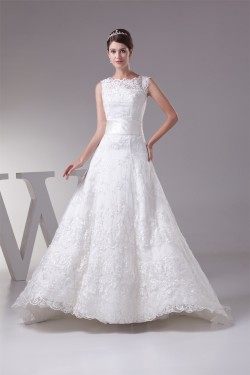 Satin Lace Fine Netting A-Line Scoop Sleeveless Best Wedding Dresses 2030272