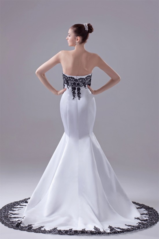 Mermaid/Trumpet Satin Lace Black White Wedding Dresses with A Lace Jacket 2030275 Mermaid/Trumpet Satin Lace Black White Wedding Dresses with A Lace Jacket 2030275